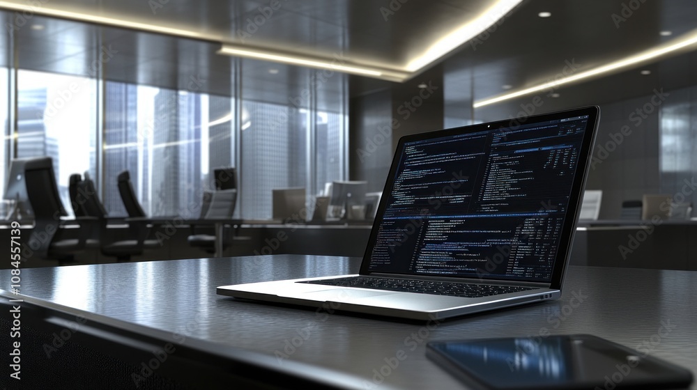 A modern office scene featuring a laptop displaying code on a desk. A modern office scene featuring a laptop displaying code on a desk.