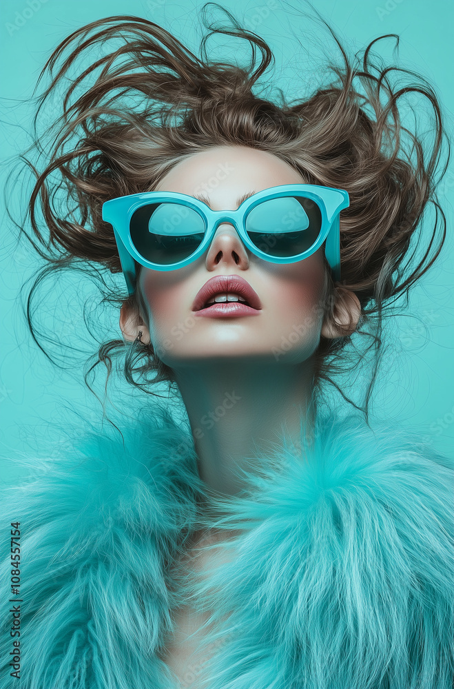A fashion photograph of an eccentric woman with voluminous hair, wearing blue sunglasses and a teal fur coat, posing in front of a turquoise background.
A fashion photograph of an eccentric woman with voluminous hair, wearing blue sunglasses and a teal fur coat, posing in front of a turquoise background.