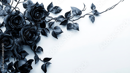 Fototapeta Naklejka Na Ścianę i Meble -  Black roses with ivy, vines and thorns on white, romance concept illustration