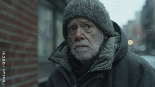 An elderly man in a winter coat and hat, looking contemplative on a city street.