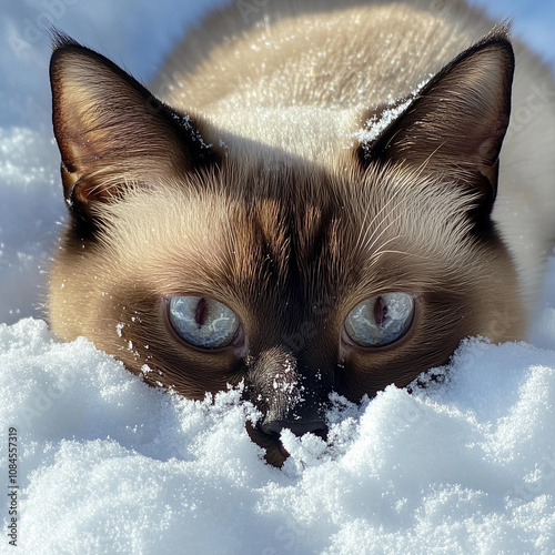 A Siamese cat buried in snow.Minimal winter holiday concept.Copy space,flat lay