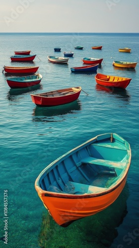 Calm blue waters with multiple boats anchored in the Mediterranean during a sunny afternoon photo