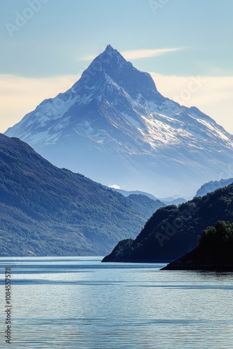 Majestic mountain reflecting in calm waters at sunrise in a serene natural la...