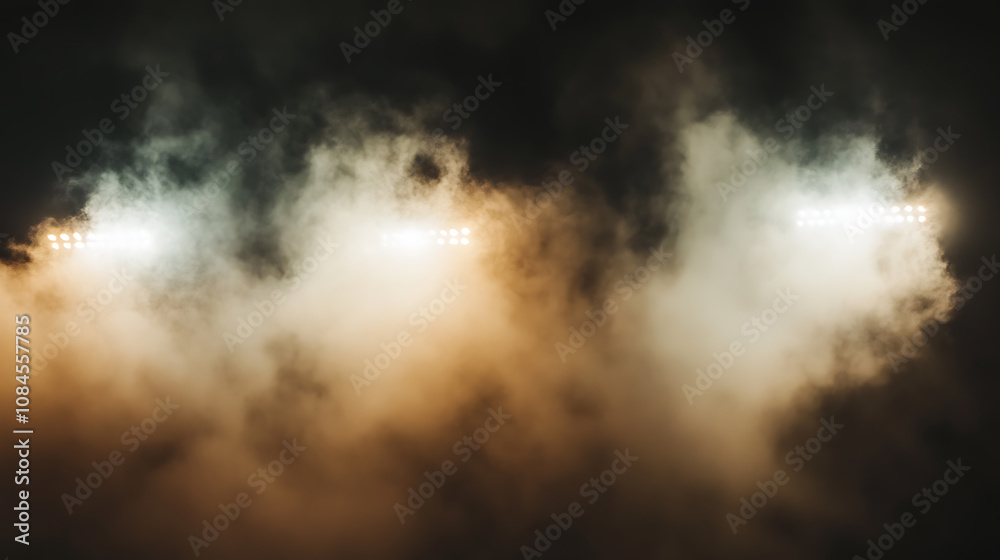 Bright stadium arena lights shining through smoke, dramatic night scene Bright stadium arena lights shining through smoke, dramatic night scene