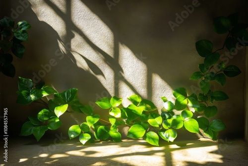 Sunlight casting shadows on green leaves in an indoor setting during late aft...