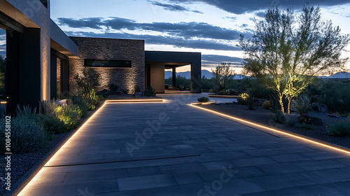 The driveway of an upscale home in Arizona at dusk, with LED lights illuminating the paved area leading to the front door