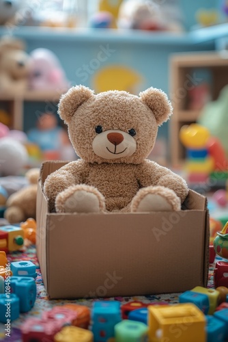 A bear sits playfully in a cardboard box among colorful toys in a bright chil...