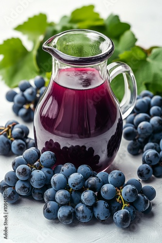 Fresh grape juice served in a clear pitcher surrounded by ripe blue grapes on...