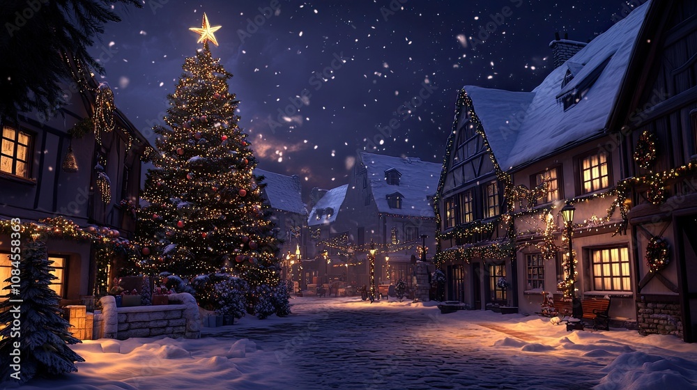 A holiday photo of a charming town with an elegant Christmas tree illuminated against the night sky, surrounded by festive decorations and a snow-covered walkway. A holiday photo of a charming town with an elegant Christmas tree illuminated against the night sky, surrounded by festive decorations and a snow-covered walkway.
