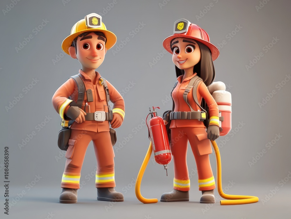 Male and female firefighters characters with hoses and fire ...