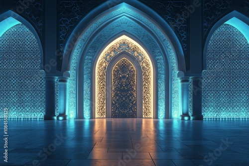 Intricate architectural design of illuminated arches in a serene blue setting...
