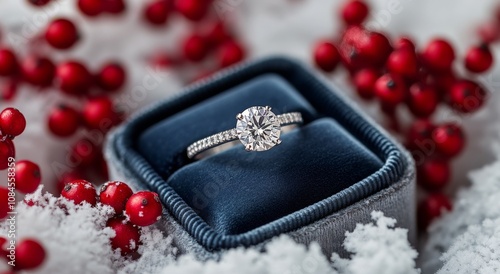 Sparkling diamond engagement ring displayed among festive red berries and fro...