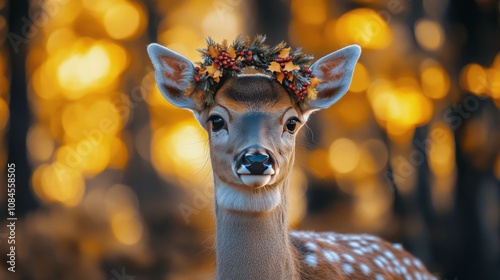 A young deer adorned with a floral crown stands gracefully among golden autum...