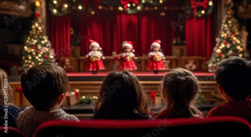 Children watching a Christmas puppet show on stage in a festive theater durin...