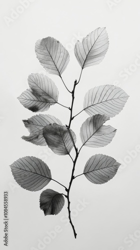 Elegant black and white close up of delicate leaves illuminated by soft light...