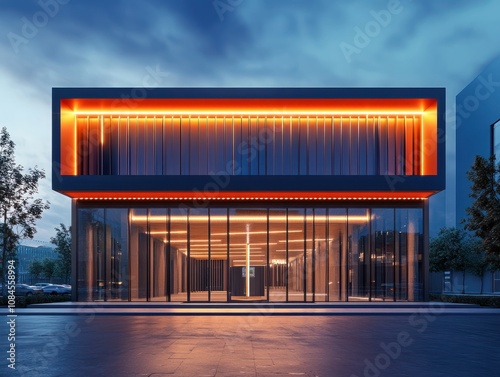 Modern bank building with illuminated sign in the evening