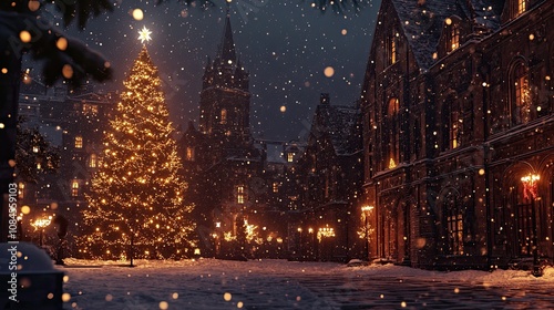 Photo of a beautiful winter night with a twinkling Christmas tree and holiday lights sparkling amidst falling snow.