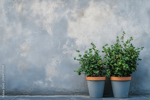 Green potted plants on a textured gray wall in a modern indoor setting