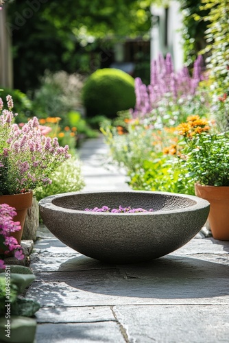 A serene garden path with colorful flowers and a stone birdbath under lush gr...