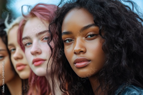 Diverse group of young women posing together outdoors on a sunny day with var...
