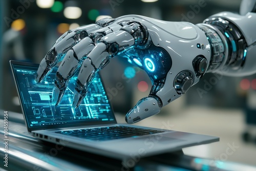 A robotic hand works with a laptop showing digital data in a high tech setting