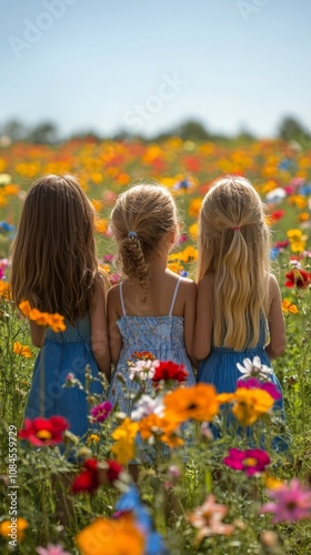Three girls standing together admiring a colorful flower field on a sunny day
