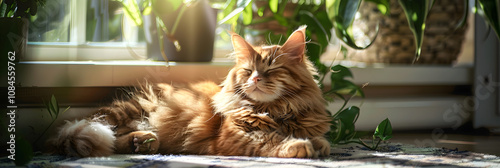 Warm and Cozy Image of a Ginger Cat Lounging in the Sunny Indoors