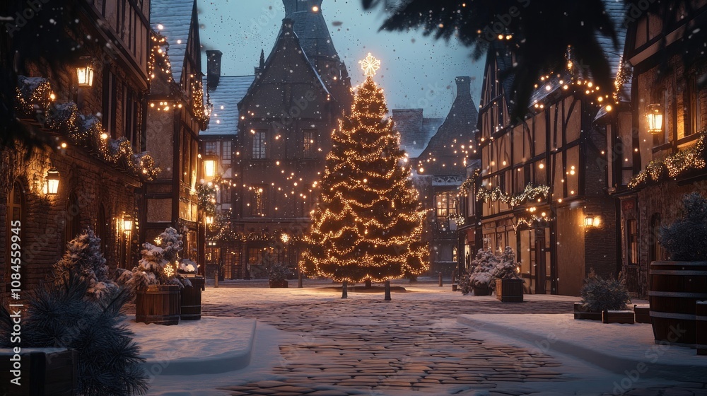 A photo of an enchanting winter night filled with snow and a Christmas tree surrounded by warm lights. A photo of an enchanting winter night filled with snow and a Christmas tree surrounded by warm lights.