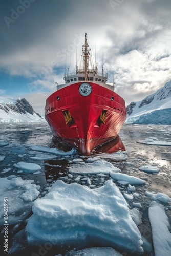 Red research vessel navigating icy waters in Antarctica under a cloudy sky
