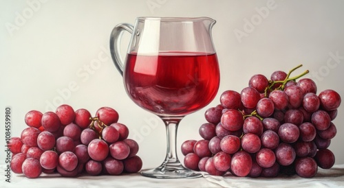 A pitcher and a glass of red wine surrounded by fresh grapes on a textured su...