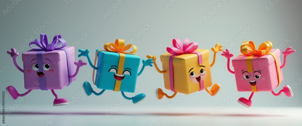 Obraz premium Four vibrant, animated gift boxes with expressive faces are joyfully bouncing across a soft, gradient background. Each box, adorned with colorful ribbons and playful eyes, radiates happiness and