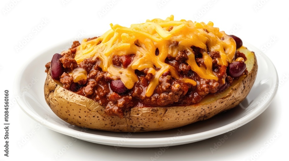 Photo of a delicious baked potato dish with chili con carne and cheese, isolated on a white background.