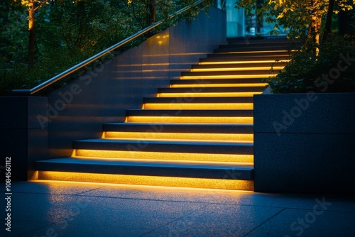Illuminated staircase with autumn leaves during evening at a city location