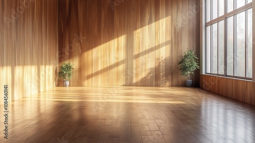 Empty minimalist room with wood panel walls