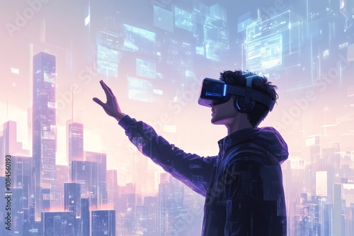 A person explores virtual reality in a futuristic city while wearing a VR hea...