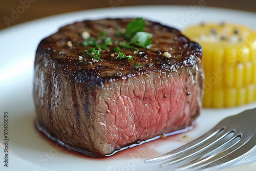 A perfectly prepared piece of beef resting on a simple white plate in ambient...