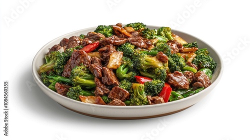 Photo of delicious stir-fried beef with broccoli isolated on white background