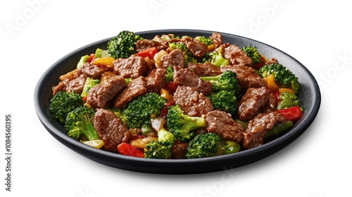 Photo of delicious stir-fried beef with broccoli isolated on white background