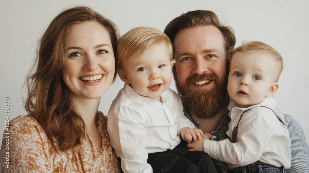 Photo of happy beautiful family isolated on white and looking away Photo of happy beautiful family isolated on white and looking away