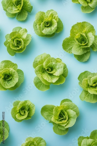 Fresh green leaves arranged on a vibrant blue background showcasing natural b...