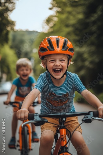 Two young boys riding bicycles on a sunny day in a park, enjoying their playf...