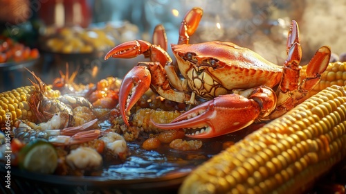 An indulgent seafood boil featuring crab legs, shrimp, crawfish, and corn on the cob, seasoned perfectly and served family-style. Ultra-realistic, photorealistic, hypermaximalist 8k fine-detail  photo