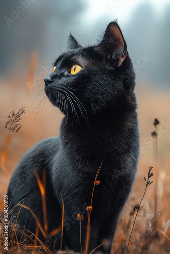 A curious black cat gazes upward in a misty field during a calm morning