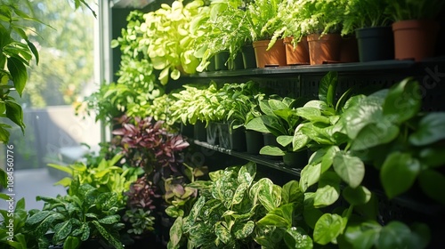 Various types of green plants arranged neatly on a white background for indoo...