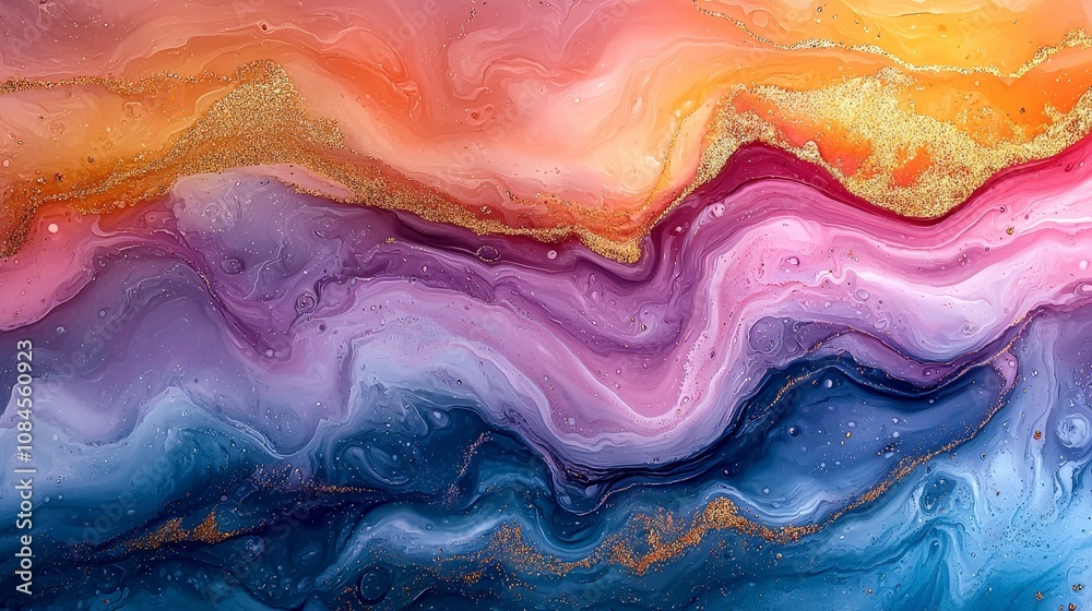 A vibrant abstract design featuring flowing waves of color and shimmering gold accents. A vibrant abstract design featuring flowing waves of color and shimmering gold accents.