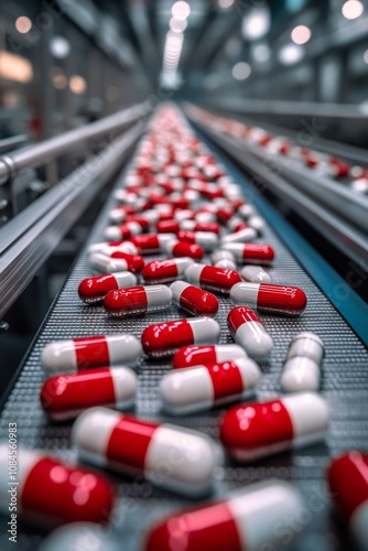 Red and white capsules being produced on a conveyor belt in a pharmaceutical ...