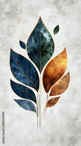 Colorful abstract leaves design with blue, green, and orange tones on a textu...