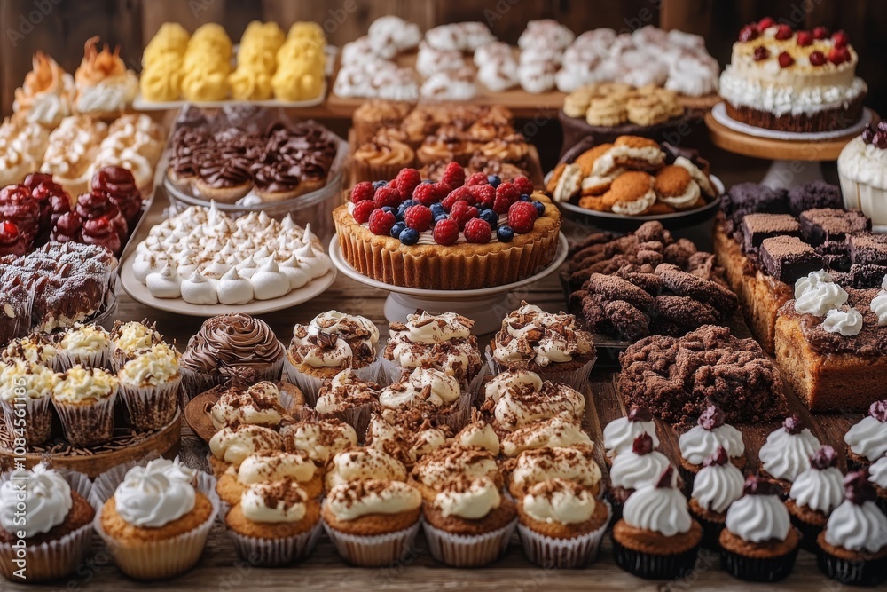 An extensive assortment of desserts displayed on wooden tables at a local bakery during midday An extensive assortment of desserts displayed on wooden tables at a local bakery during midday