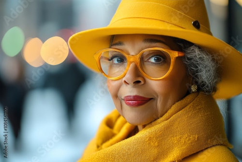 A woman with a warm smile wearing a yellow knitted hat and scarf during a chi...