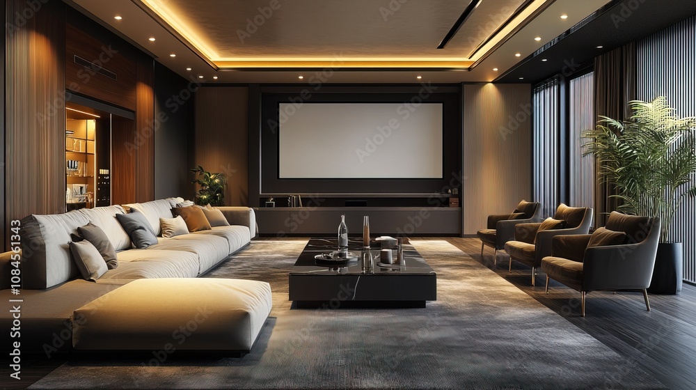 A modern conference room with a large screen, suitable for meetings A modern conference room with a large screen, suitable for meetings